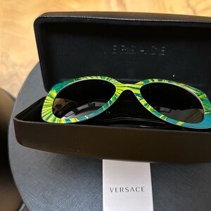 Versace Vibrant Green and Yellow Palm Sunglasses with case and box.